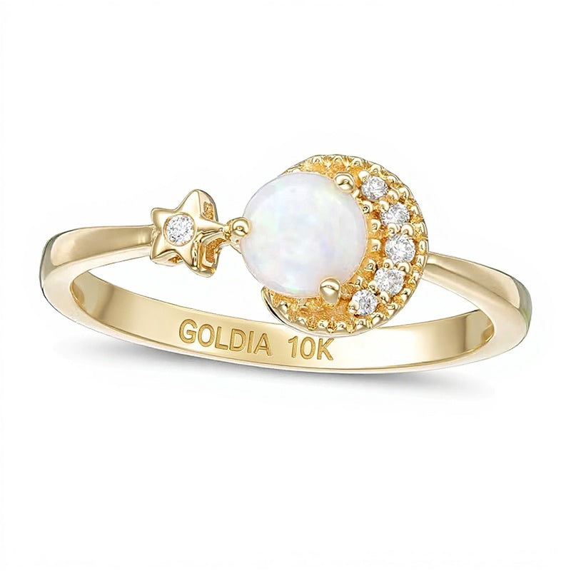 Ring mit 5,0mm Opal und Diamant-Besatz Mond und Stern in 10K Gelbgold