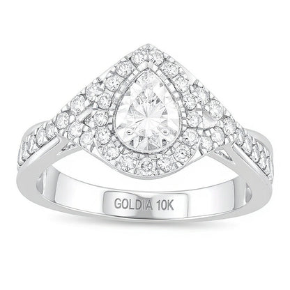1.0 CT. Gesamtgewicht Diamant Verlobungsring mit doppeltem tropfenförmigem Halo und gedrehter Ringschiene in 10K Weißgold