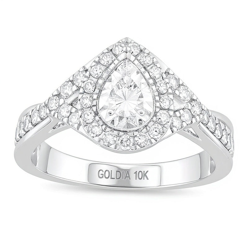 1.0 CT. Gesamtgewicht Diamant Verlobungsring mit doppeltem tropfenförmigem Halo und gedrehter Ringschiene in 10K Weißgold