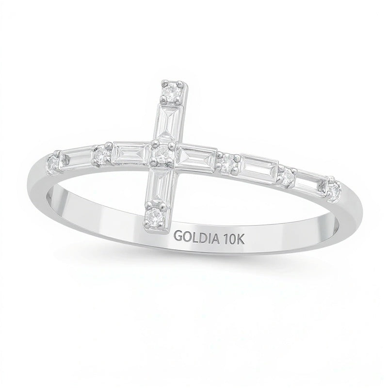 0,17 ct. Gesamtgewicht Ring mit Diamanten im Baguette- und Rundschliff, seitliches Kreuz, aus 10K Weißgold