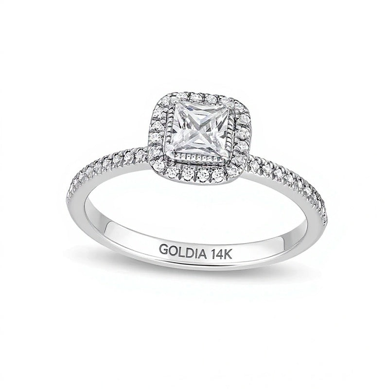Verlobungsring Halo mit Diamanten im Princess- und Rundschliff in 14K Weißgold, 0,5 ct. Gesamtgewicht