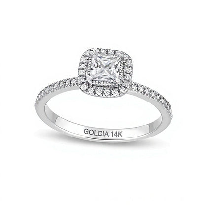Verlobungsring Halo mit Diamanten im Princess- und Rundschliff in 14K Weißgold, 0,5 ct. Gesamtgewicht