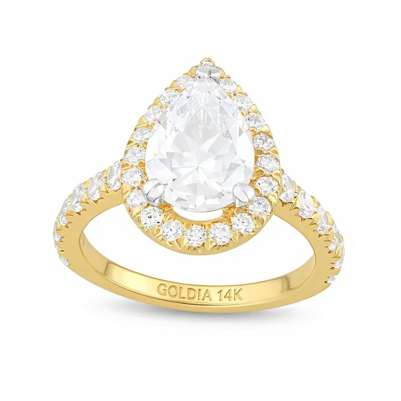 4.0 ct. Gesamtgewicht Halo-Verlobungsring mit tropfenförmigem Labordiamant in 14K Gelbgold (I/SI2)
