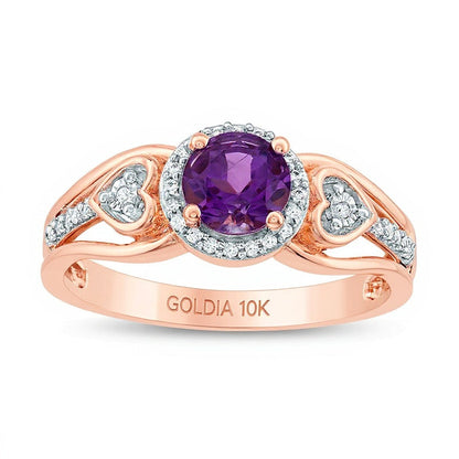 5,0mm Amethyst und 0,1 ct. Gesamtgewicht Diamant Freundschaftsring mit herzförmigem Rahmen und geteilter Schiene in 10K Roségold