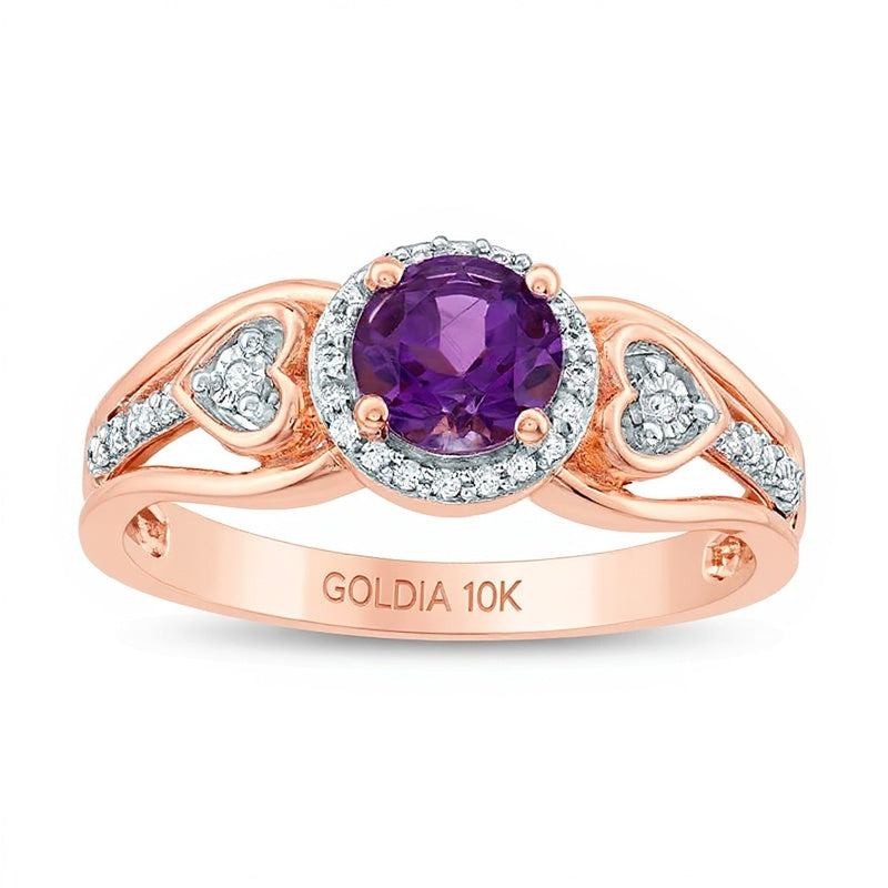 5,0mm Amethyst und 0,1 ct. Gesamtgewicht Diamant Freundschaftsring mit herzförmigem Rahmen und geteilter Schiene in 10K Roségold