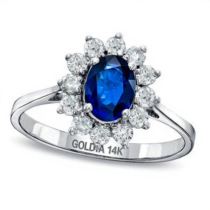 Verlobungsring mit ovalem blauem Saphir und 0,5 ct. Gesamtgewicht Diamanten im Halo aus 14K Weißgold