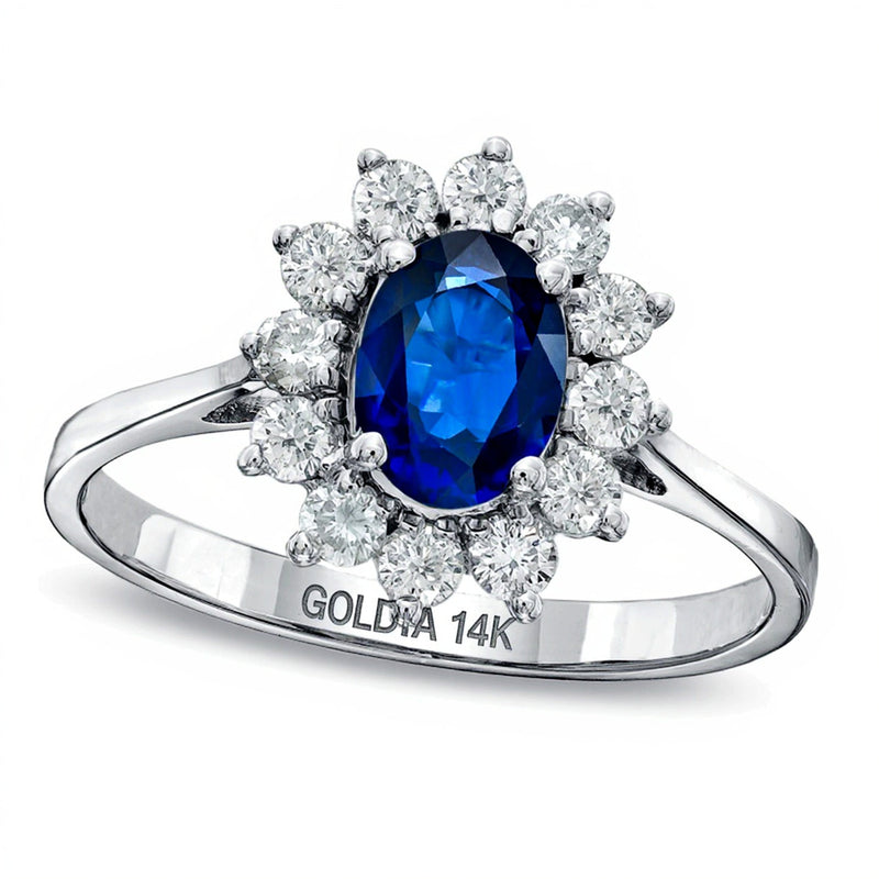 Verlobungsring mit ovalem blauem Saphir und 0,5 ct. Gesamtgewicht Diamanten im Halo aus 14K Weißgold