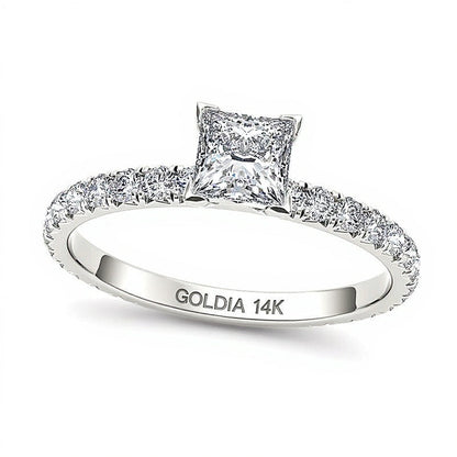 1.0 ct. Gesamtgewicht Solitär mit seitlichem Besatz mit Diamanten im Princess- und Rundschliff in 14K Weißgold