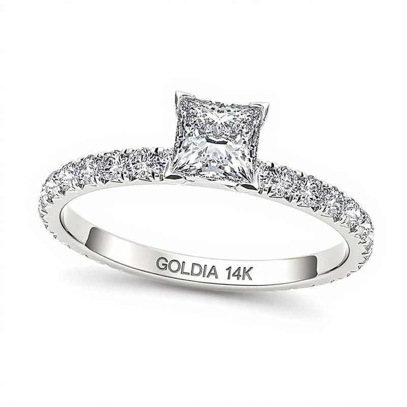 1.0 ct. Gesamtgewicht Solitär mit seitlichem Besatz mit Diamanten im Princess- und Rundschliff in 14K Weißgold