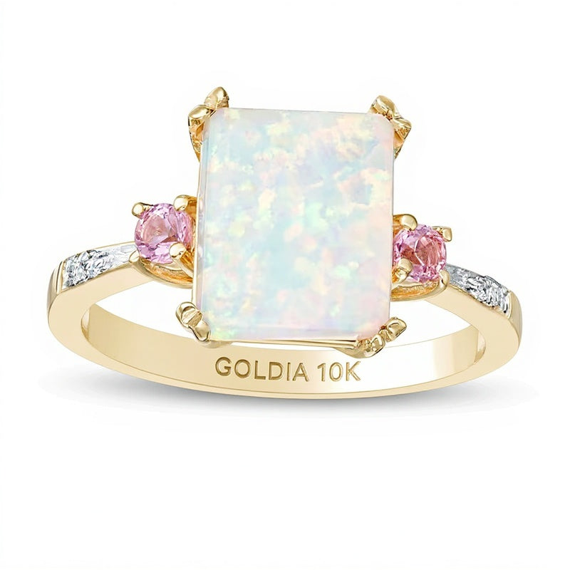 Dreistein-Ring mit Labor-Opal im Smaragdschliff und rosa Labor-Saphiren mit Diamant-Besatz in 10K Gelbgold