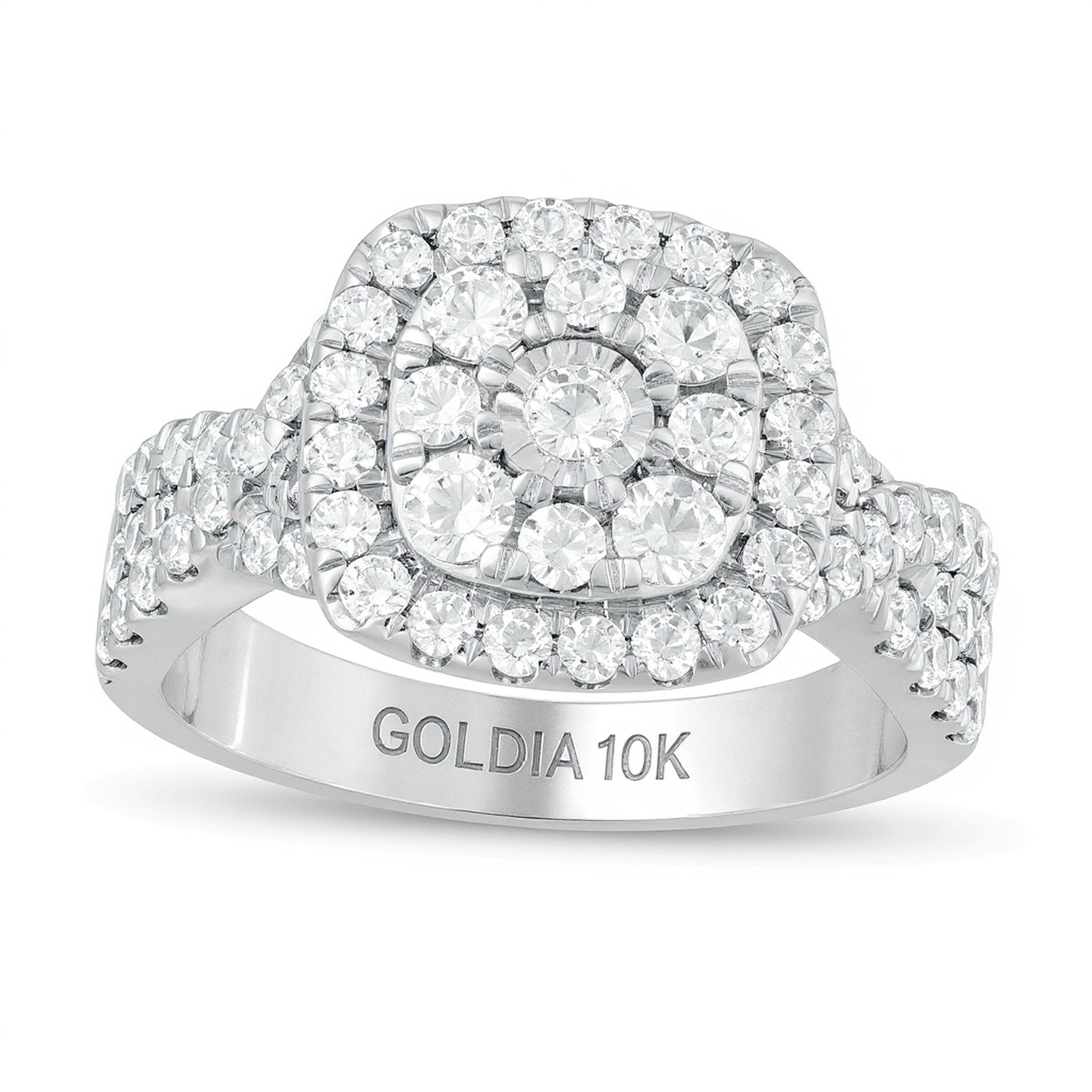 1.63 ct. Gesamtgewicht Diamant Verlobungsring mit doppeltem Kissenschliff-Rahmen und gedrehter Ringschiene in 10K Weißgold