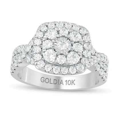 1.63 ct. Gesamtgewicht Diamant Verlobungsring mit doppeltem Kissenschliff-Rahmen und gedrehter Ringschiene in 10K Weißgold
