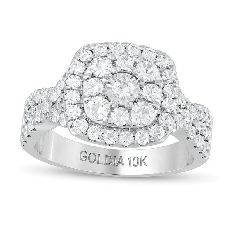 1.63 ct. Gesamtgewicht Diamant Verlobungsring mit doppeltem Kissenschliff-Rahmen und gedrehter Ringschiene in 10K Weißgold