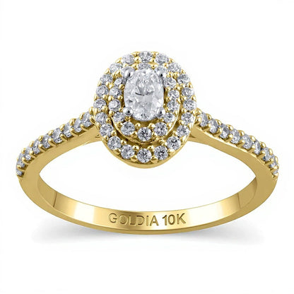 0.5 ct. Gesamtgewicht Verlobungsring mit ovalem Diamant und doppeltem Halo in 10K Gelbgold