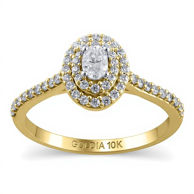 0.5 ct. Gesamtgewicht Verlobungsring mit ovalem Diamant und doppeltem Halo in 10K Gelbgold
