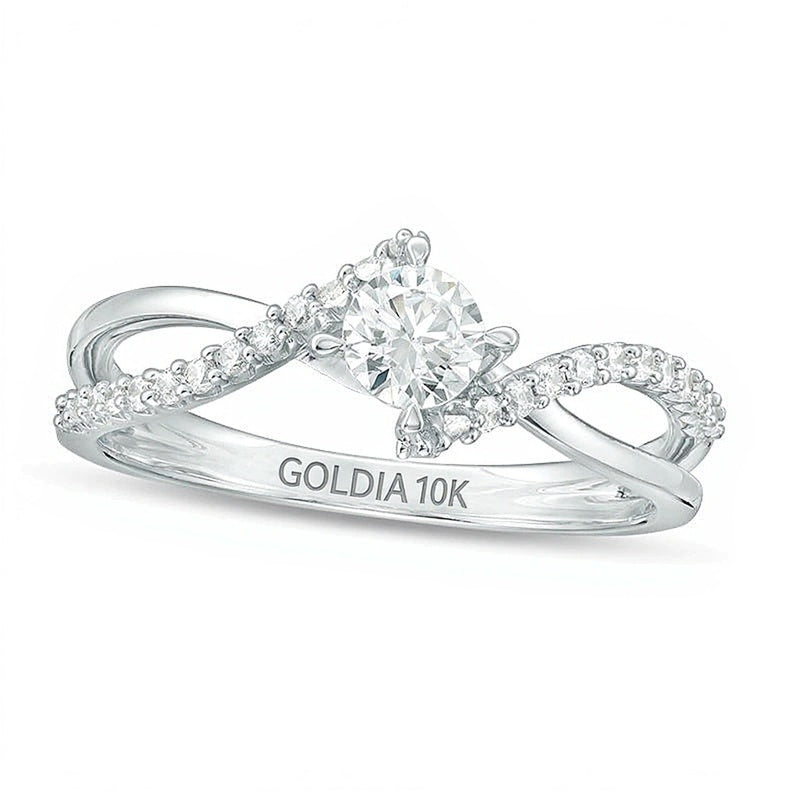 0.5 ct. Gesamtgewicht Diamant Solitär mit seitlichem Besatz Verlobungsring mit Bypass-Schiene in 10K Weißgold