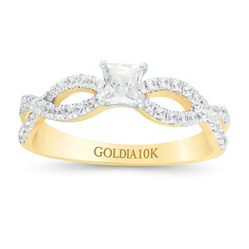 0.5 ct. Gesamtgewicht Verlobungsring Solitär mit seitlichem Besatz mit Diamanten im Princess- und Rundschliff in 10K Gelbgold