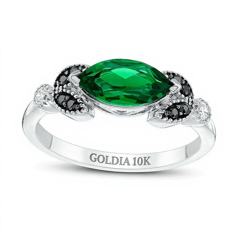 Fashion-Ring Blätter mit Marquise-Smaragd (Labor) und 0,1 ct. Gesamtgewicht behandelten schwarzen und weißen Diamanten in 10K Weißgold