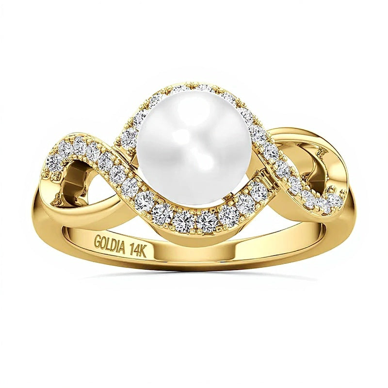 7,0 mm Süßwasser-Zuchtperle und 0,25 ct. Gesamtgewicht Labordiamant Fashion-Ring mit gewundenem Rahmen in 14K Gelbgold