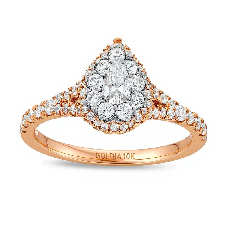 0.75 ct. Gesamtgewicht Multi-Diamant Verlobungsring mit Tropfen- und Rundschliff in 10K Roségold