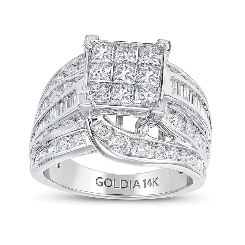 Verlobungsring mit mehreren Diamanten im Princess- und Rundschliff, mehrreihig, Bypass, geteilte Schiene, 3.0 ct. Gesamtgewicht in 14K Weißgold