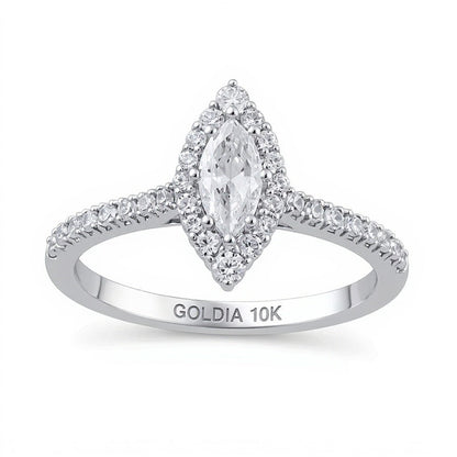 0,63 ct. Gesamtgewicht Verlobungsring mit Diamanten im Marquise- und Rundschliff und Halo in 10K Weißgold