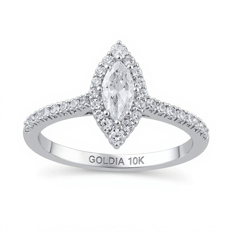 0,63 ct. Gesamtgewicht Verlobungsring mit Diamanten im Marquise- und Rundschliff und Halo in 10K Weißgold