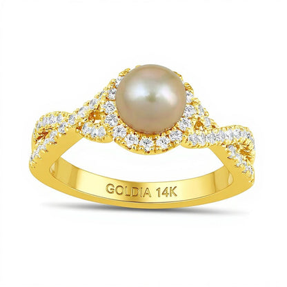 6,0mm rosa Süßwasser-Zuchtperle und 0,5 ct. Gesamtgewicht Labordiamant Ring mit Crossover-Schiene in 14K Gelbgold