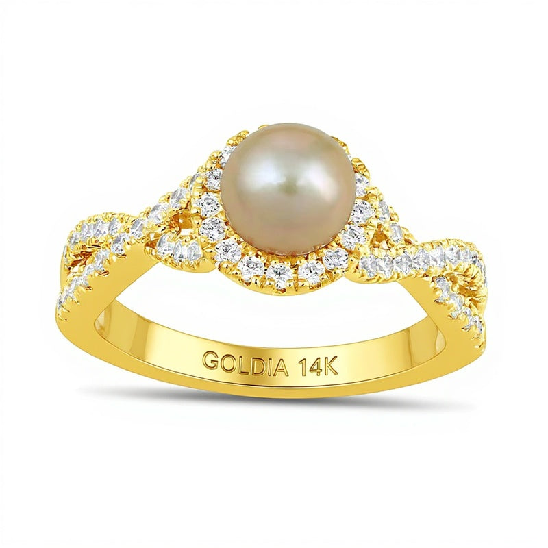 6,0mm rosa Süßwasser-Zuchtperle und 0,5 ct. Gesamtgewicht Labordiamant Ring mit Crossover-Schiene in 14K Gelbgold