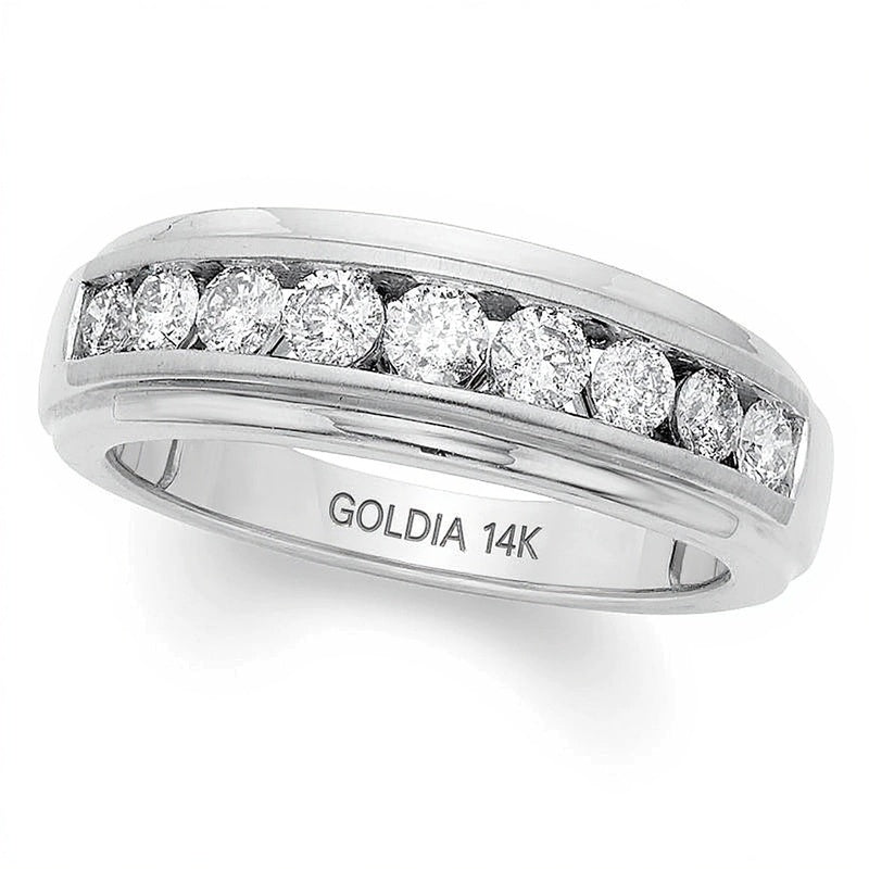 Herren-Ehering mit Diamanten 1.0 ct. Gesamtgewicht, neun Steine, rund, in 14K Weißgold (I/I2)