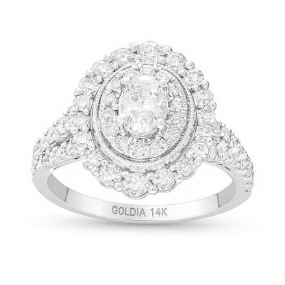 1.5 CT. Gesamtgewicht Verlobungsring im Vintage-Stil mit ovalem Diamant und doppeltem Rahmen in 14K Weißgold