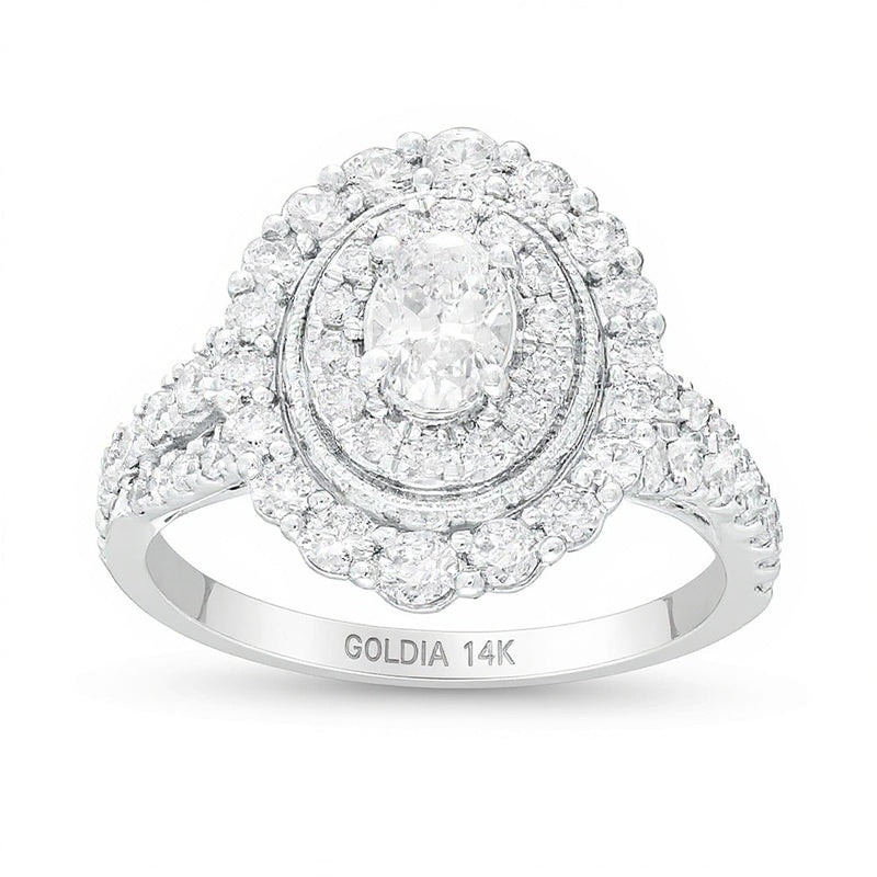 1.5 CT. Gesamtgewicht Verlobungsring im Vintage-Stil mit ovalem Diamant und doppeltem Rahmen in 14K Weißgold