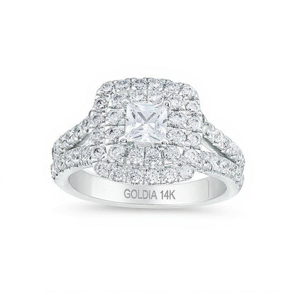 2.0 ct. Gesamtgewicht Verlobungsring mit Labordiamanten im Princess-Schliff und doppeltem Halo in 14K Weißgold (F/VS2)