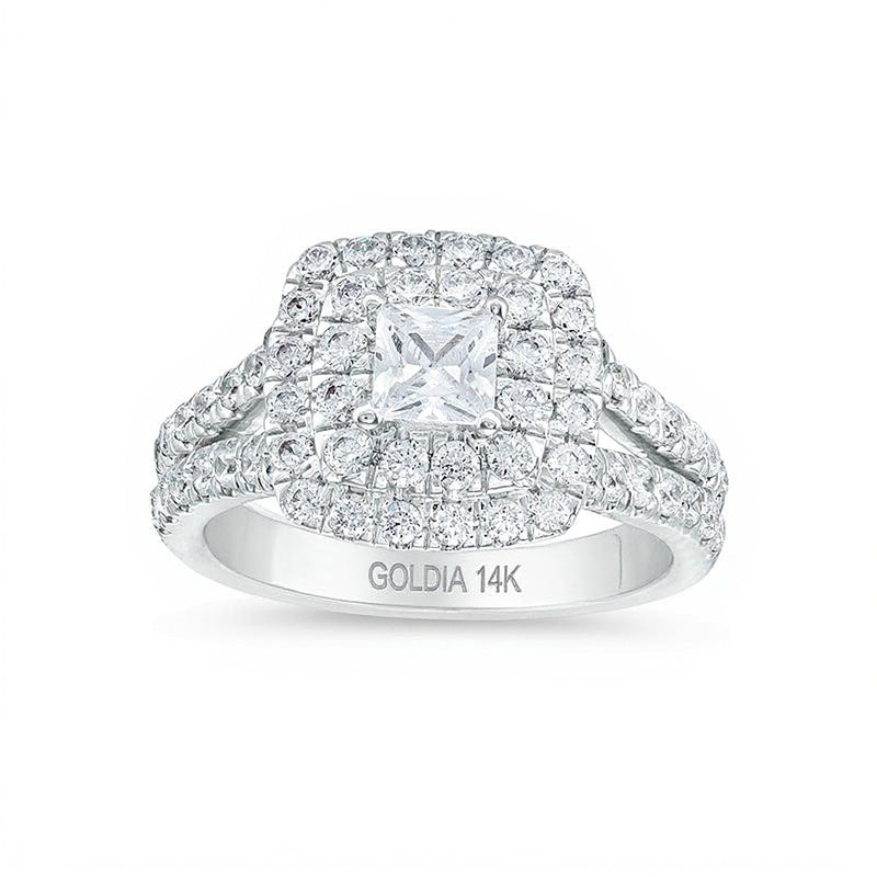 2.0 ct. Gesamtgewicht Verlobungsring mit Labordiamanten im Princess-Schliff und doppeltem Halo in 14K Weißgold (F/VS2)