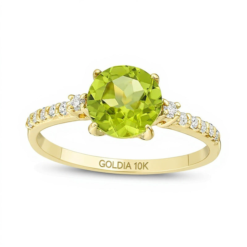 7,0 mm Peridot und 0,13 ct. Gesamtgewicht Diamant Solitär mit seitlichem Besatz in 10K Gelbgold