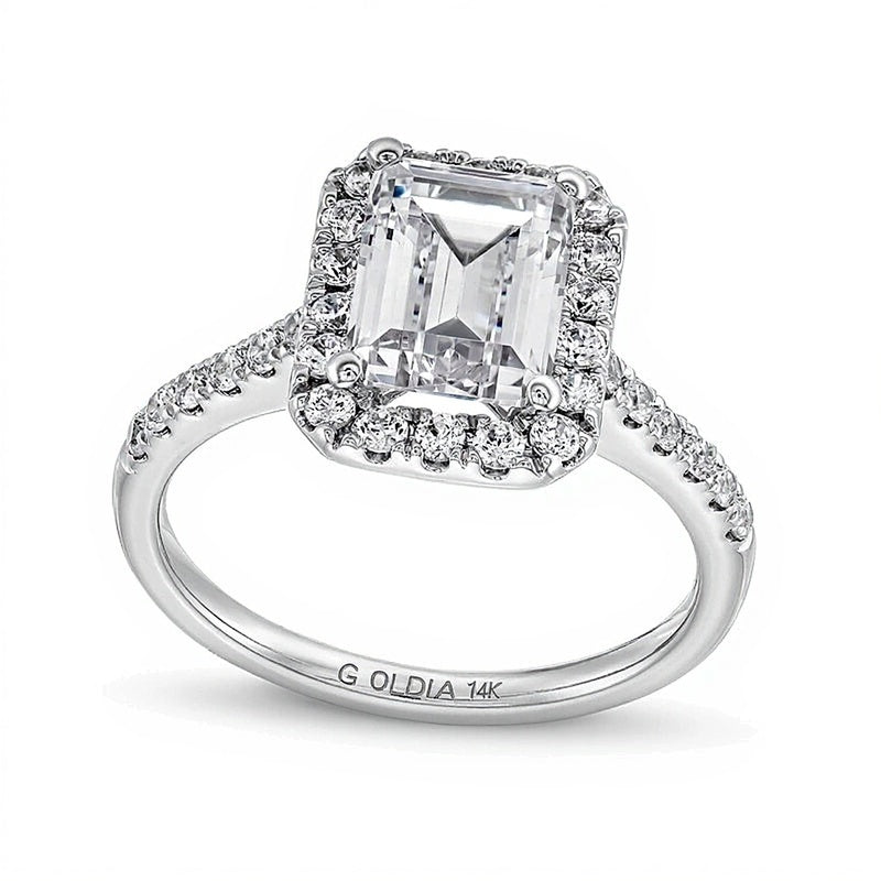 2.5 CT. Gesamtgewicht Verlobungsring mit Labordiamanten im Smaragdschliff und Halo in 14K Weißgold (F/SI2)