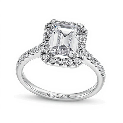 2.5 CT. Gesamtgewicht Verlobungsring mit Labordiamanten im Smaragdschliff und Halo in 14K Weißgold (F/SI2)
