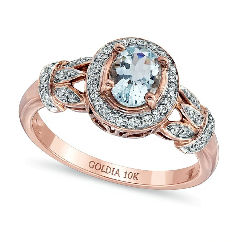 Halo-Ring mit ovalem Aquamarin und Diamanten 0,17 ct. Gesamtgewicht in 10K Roségold