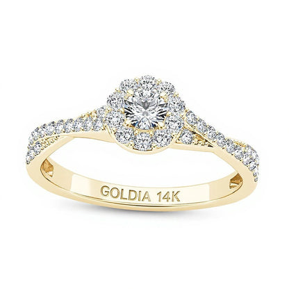 0,5 ct. Gesamtgewicht Diamant Halo Verlobungsring mit gedrehter Schiene in 14K Gelbgold