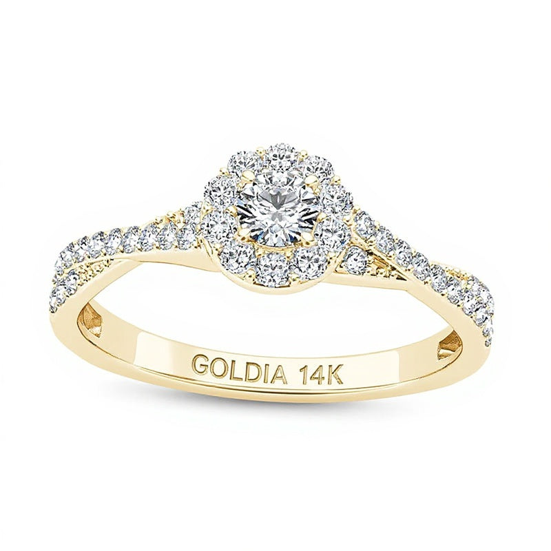 0,5 ct. Gesamtgewicht Diamant Halo Verlobungsring mit gedrehter Schiene in 14K Gelbgold