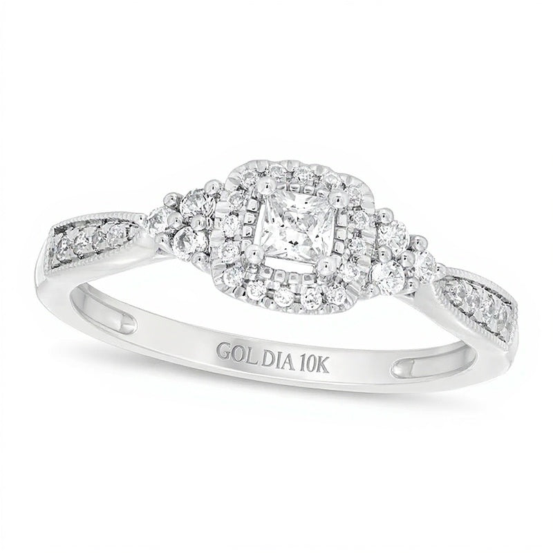 Verlobungsring im Vintage-Stil mit Diamanten im Princess- und Rundschliff, 0.33 ct. Gesamtgewicht, in 10K Weißgold