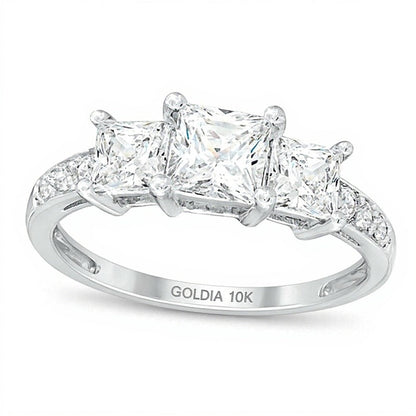 Dreistein-Ring mit weißem Labor-Saphir im Princess-Schliff in 10K Weißgold