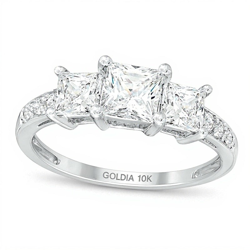Dreistein-Ring mit weißem Labor-Saphir im Princess-Schliff in 10K Weißgold