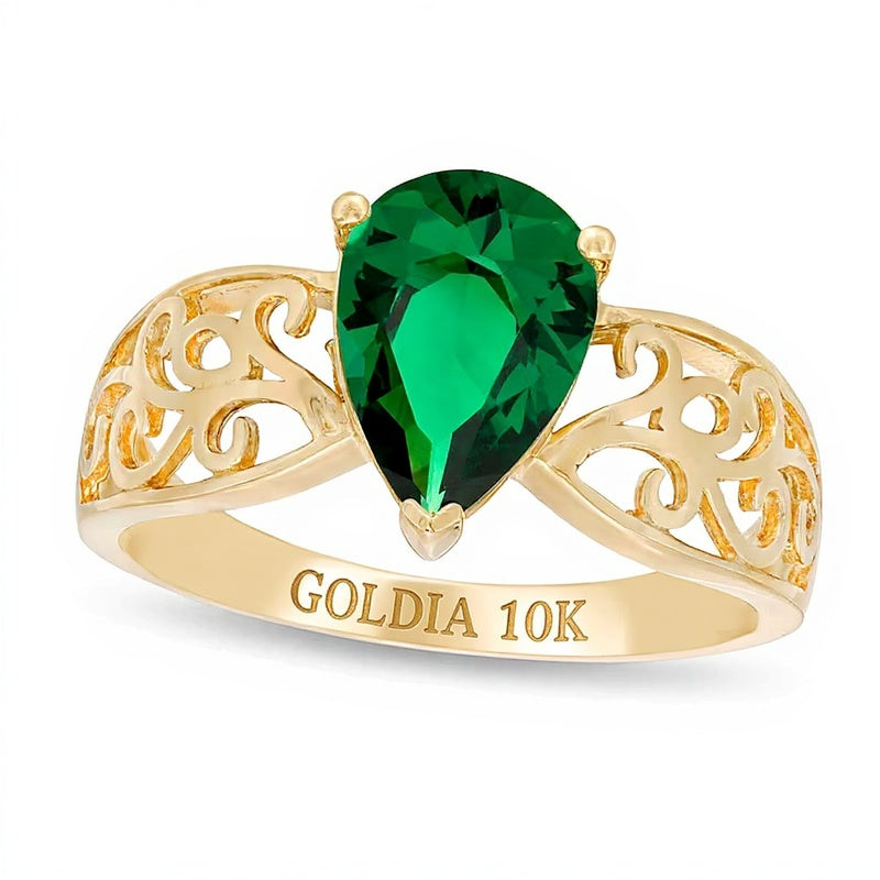 Fashion-Ring mit tropfenförmigem Labor-Smaragd in 10K Gelbgold