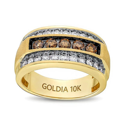 1.25 CT. Gesamtgewicht Ring mit Champagner- und weißen Diamanten im Fünfstein-Design, erhöht, in 10K Gelbgold