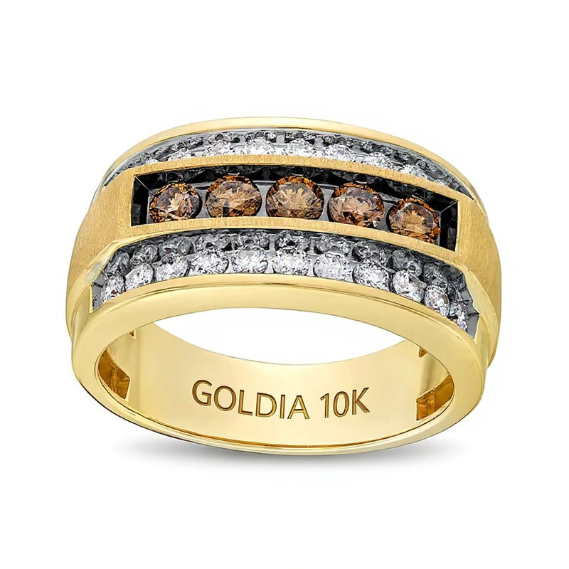 1.25 CT. Gesamtgewicht Ring mit Champagner- und weißen Diamanten im Fünfstein-Design, erhöht, in 10K Gelbgold
