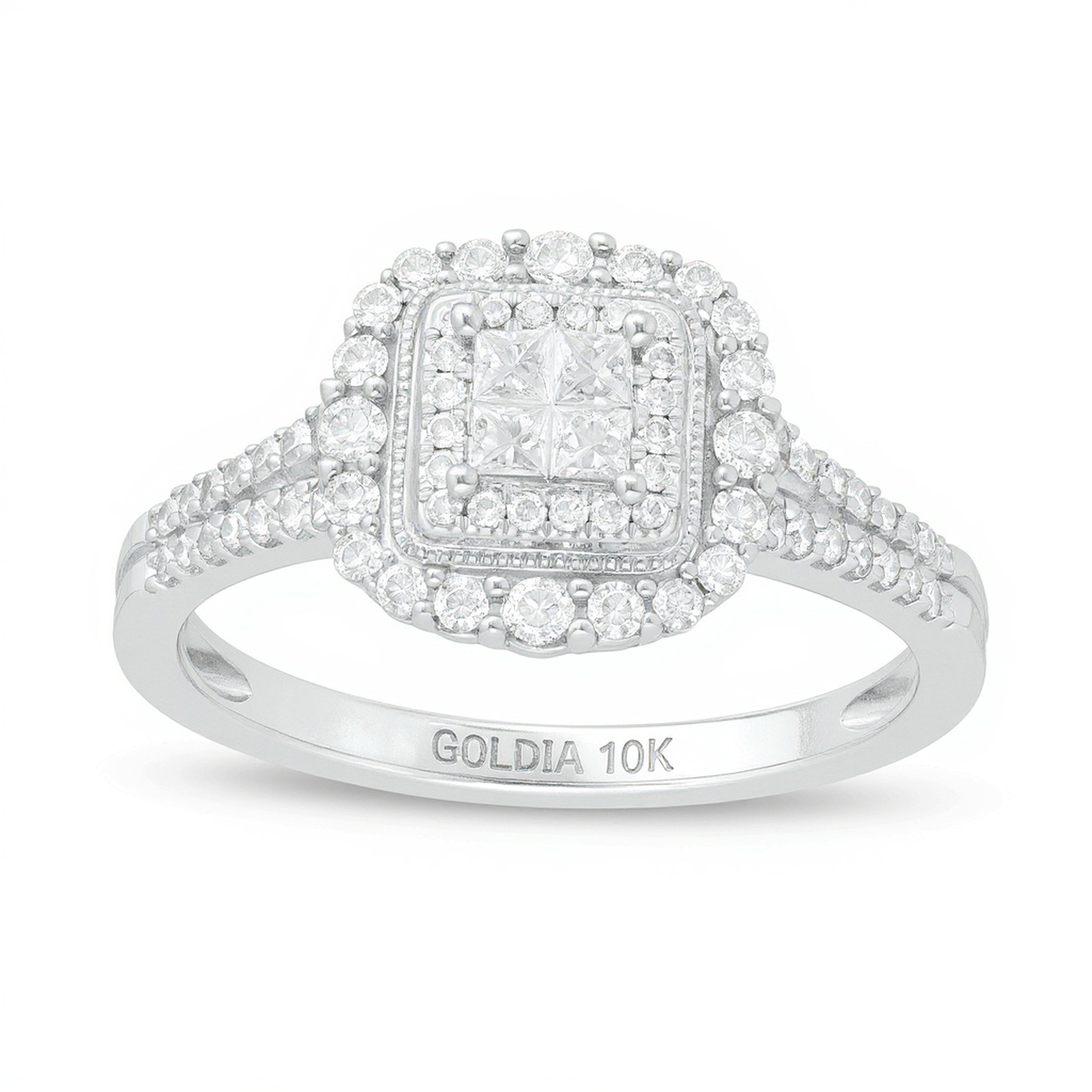 Halo-Verlobungsring im Vintage-Stil mit Diamanten im Princess-, Rund- und Quadratschliff 0.5 ct. Gesamtgewicht in 10K Weißgold