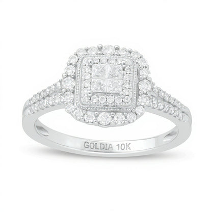 Halo-Verlobungsring im Vintage-Stil mit Diamanten im Princess-, Rund- und Quadratschliff 0.5 ct. Gesamtgewicht in 10K Weißgold