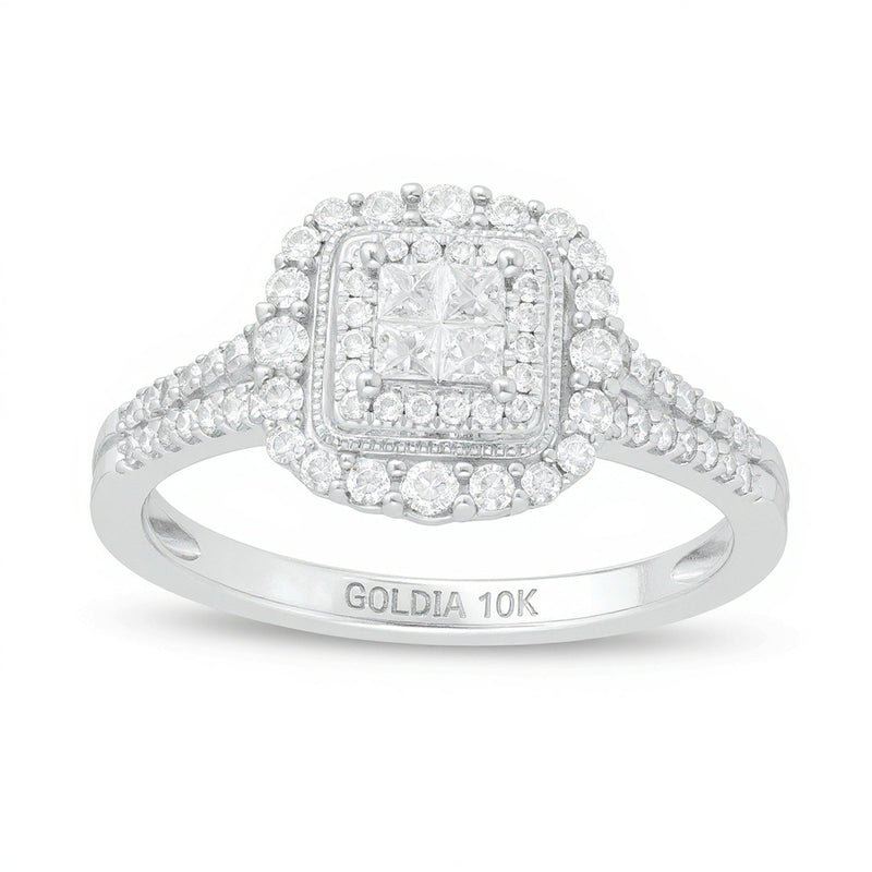 Halo-Verlobungsring im Vintage-Stil mit Diamanten im Princess-, Rund- und Quadratschliff 0.5 ct. Gesamtgewicht in 10K Weißgold