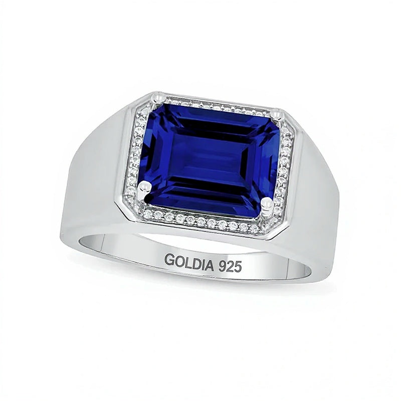 Fashion-Ring für Damen mit blauem Saphir im Smaragdschliff und Diamanten 0,1 ct. Gesamtgewicht in rhodiniertem Sterlingsilber 925